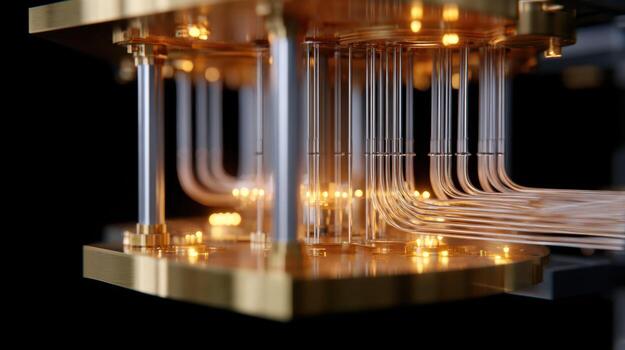 Awe inspiring quantum computer with intricate wiring and warm glow. Advanced technology for future of science, innovation, and powerful complex computing photo