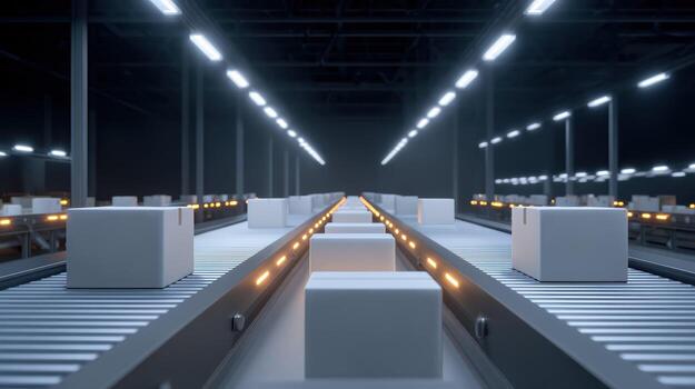 Futuristic automated warehouse showing robots sorting many packages on long conveyor belt. industrial setting highlights modern logistics and efficient supply chain technology photo