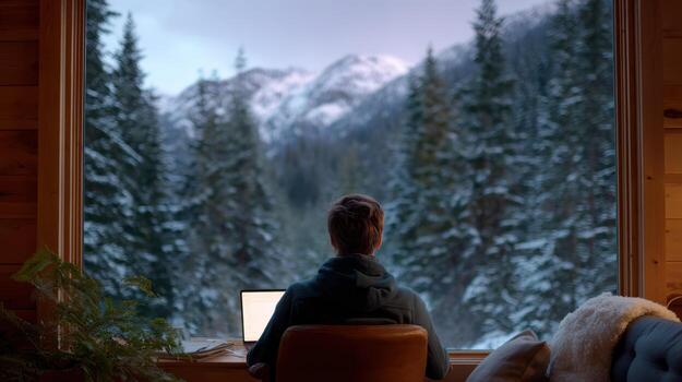 Focused data analyst working remote on laptop from cozy cabin. man enjoys peaceful and serene view of snowy winter mountain and forest through large window photo