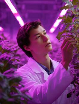 Focused young scientist in lab coat inspecting plant in vertical farm. Futuristic agriculture technology involves research by curious botanist under pink light photo