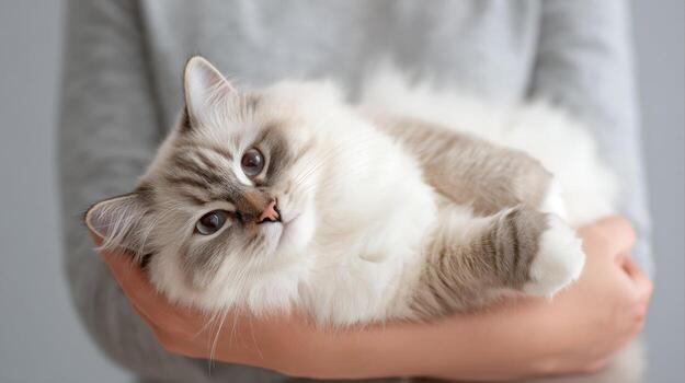 Relaxed Ragdoll cat going limp with contentment in person arms. fluffy feline with blue eyes shows pure trust and affection, held gently by its owner indoors photo