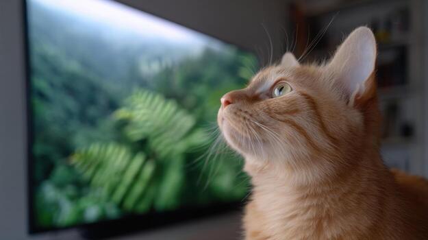 Curious ginger cat watching nature documentary on television screen. indoor pet fully engaged with entertainment, showing focused and attentive expression photo