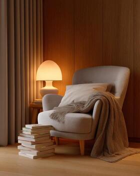 Comfortable armchair in cozy reading nook awaits. warm lamp, soft blanket, and pillow create tranquil scene with stack of books ready for quiet evening photo