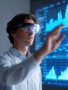Focused financial analyst using augmented reality for data visualization. professional man interacts with future technology for business analytics in modern office photo
