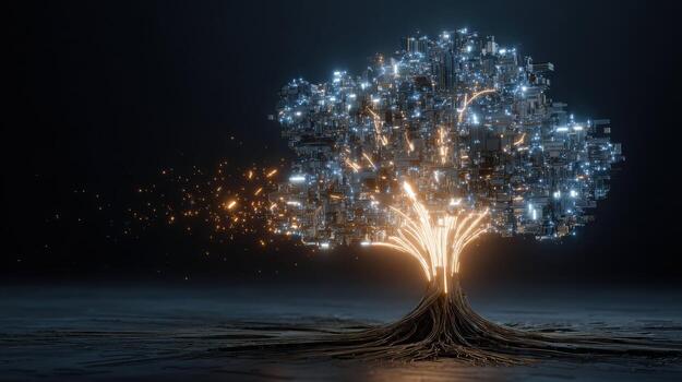 Glowing digital tree representing technology and network growth for future. An abstract concept of light and connection with dark background creating hopeful feeling photo