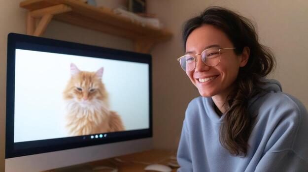 Happy smiling woman working in home office on computer during an online call. Remote work with cat on screen creating cheerful atmosphere photo