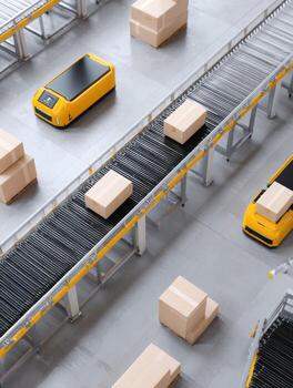Automated warehouse with robot technology for logistics. view of an efficient industry factory showing conveyor belts and distribution of boxes in futuristic setting photo