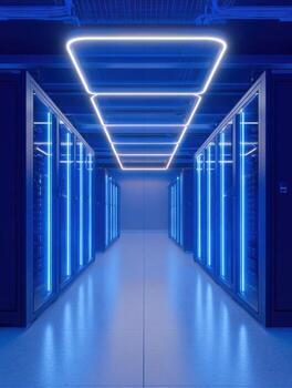 Powerful server room in data center for technology and network operations. futuristic corridor has glowing blue light, creating an advanced and secure atmosphere photo