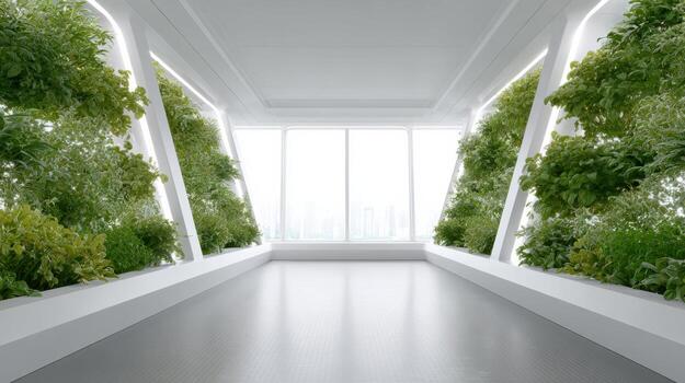 futurista moderno interior arquitectura con sereno verde vertical jardín pared. un vacío corredor con brillante natural ligero creando calma eco simpático concepto antecedentes foto