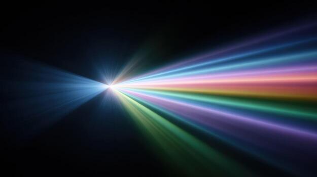 Dynamic bright light beam glowing with colorful spectrum flare on an abstract black background. futuristic stream of vibrant energy creating powerful optic effect photo