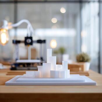 Precise white architecture model prototype showcasing innovative design and fabrication. In background, printer machine represents modern manufacturing technology photo