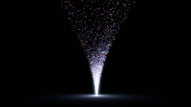 Magical abstract particle flow of digital light creates glowing sparkle vortex. powerful stream of energy ascending from central point on black background photo