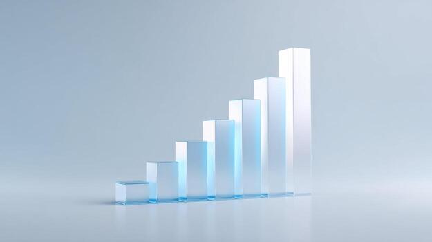 Optimistic bar graph with translucent blue glass showing positive growth. business chart represents financial success, progress, and increasing statistics on simple background photo