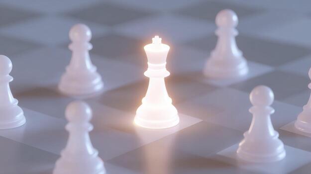Confident glowing white queen on an abstract chessboard representing leadership and strategy. powerful concept of success, victory and standing out from crowd photo