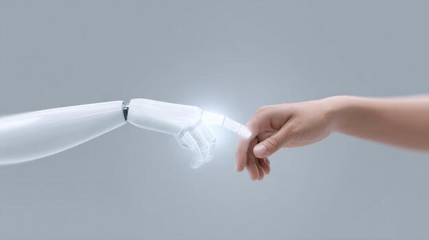 Robot hand and human hand in gentle touch, connection symbolizing harmonious future. Advanced technology and artificial intelligence showing hopeful partnership photo