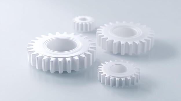 Group of pristine white gear and cog parts representing technology and engineering. synchronized mechanism for machine teamwork, highlighting precision and connection photo