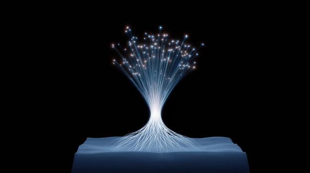 Futuristic glowing fiber optic network forms an abstract tree of light. An inspiring communication and connection concept showing data flow on black background photo