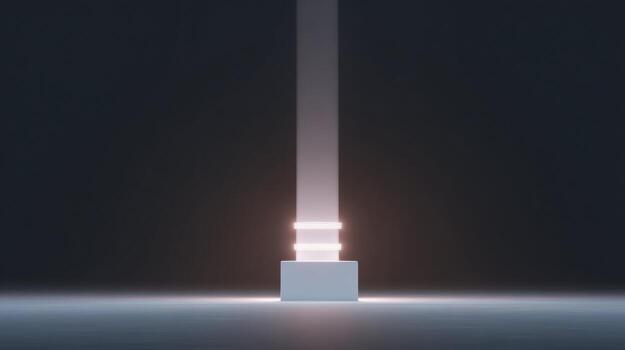 Mysterious, strong pillar of light rises from single pedestal. futuristic abstract beam on dark background creates powerful and minimalist glowing concept photo