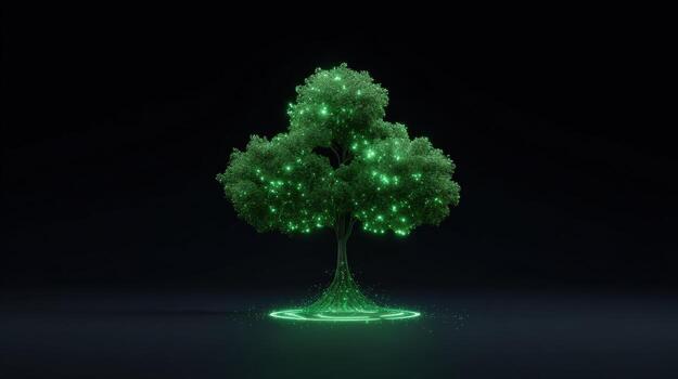 Serene digital tree glowing with green data from its root network. hopeful symbol of futuristic information system and technology for sustainable environment photo