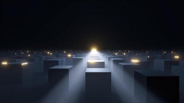 resumen futurista antecedentes con oscuro cubo modelo creando misterioso perspectiva. soltero brillante ligero yesos largo dramático sombra, simbolizando esperanzado concepto foto