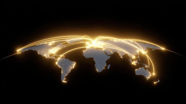 Glowing world map showing global communication and technology. Data line connecting points on network, representing futuristic transfer of information and globalization photo