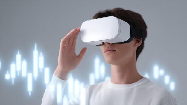 Focused young Asian man wearing virtual reality headset, exploring an immersive high fidelity digital world. person interacting with futuristic audio visualization photo