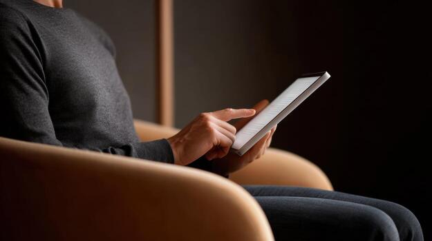 Focused person sitting in comfortable armchair, reading digital tablet indoors. dark room highlights modern technology, creating calm and relaxed mood photo