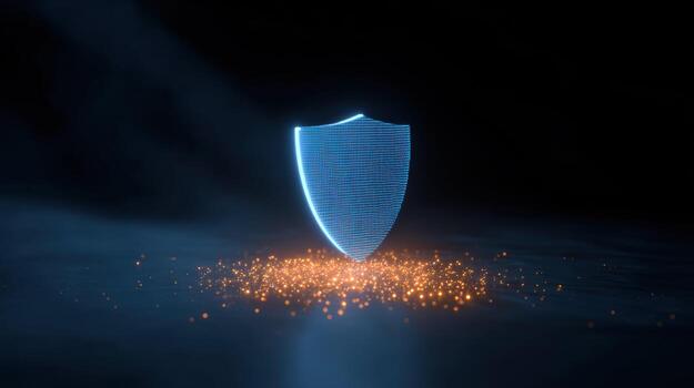 Powerful glowing shield for cyber security and data protection. defense firewall represents secure technology and strong safeguard against digital code and threats photo