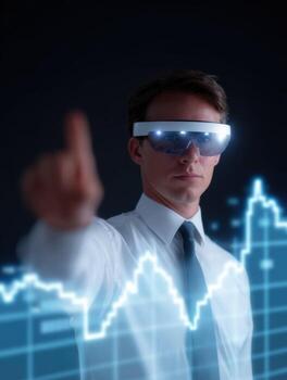 Focused financial analyst using augmented reality glasses interacts with futuristic hologram chart. businessman analyzes glowing stock market data for investment strategy photo