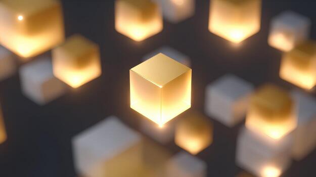 Blockchain technology concept with glowing cube and block shapes. secure data network representing future of crypto finance with mysterious and powerful glow photo