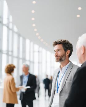 Group of professional business people networking at modern conference. man with beard in suit has positive discussion during communication event inside bright hall photo
