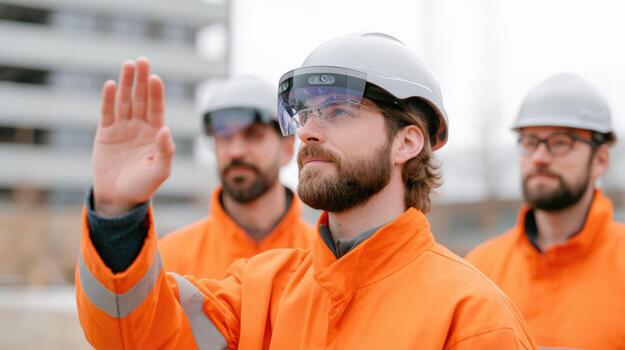 Focused construction worker gesturing with augmented reality headset on construction site. Team of male engineer professionals in safety hard hat use futuristic technology for building photo