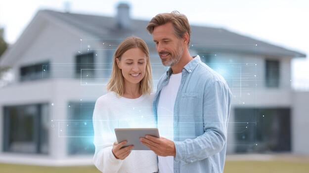Happy couple planning their future with digital tablet in front of new house. great image for real estate or technology concepts showing togetherness and new home photo