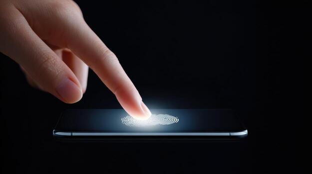 Fingerprint scanning on smartphone for security. Biometric technology provides authentication and access. focused touch on screen to unlock modern mobile device photo