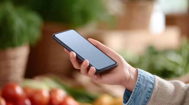 Focused person shopping with smartphone in hand at grocery market. Using digital app for payment or list, showcasing modern retail technology in store photo