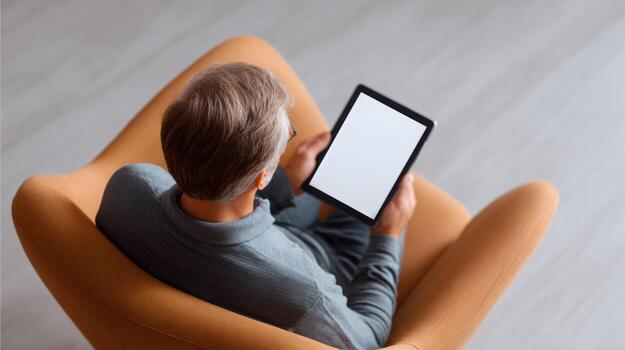 Calm man sitting in comfortable armchair at home, focused on reading digital tablet with blank screen. person enjoys leisure time relaxing with modern technology photo