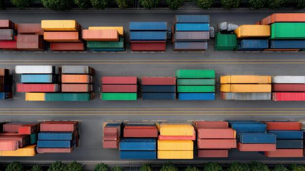 Aerial view of colorful shipping container for logistics and cargo transport industry. background at port shows an organized and efficient system for global trade photo