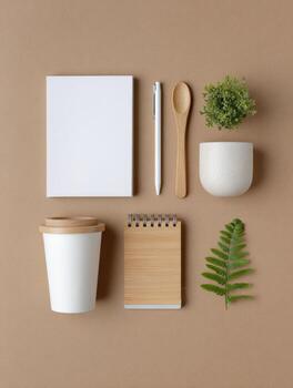 Minimalist flat lay of sustainable office supply and eco friendly items on brown background. calm and organized natural workspace with top view of notebook, cup and plant photo