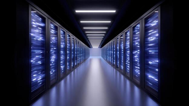 Powerful supercomputer in datacenter with glowing blue server racks. futuristic technology shows network processing massive data for cloud hosting and computing photo