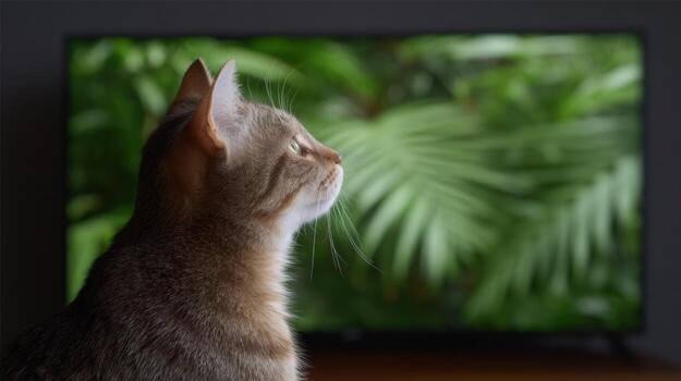Curious tabby cat focused on watching nature documentary. pet sits indoors, finding entertainment in television program showing lush green jungle scene photo