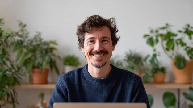 Happy smiling man portrait in home office with laptop. remote worker and freelancer enjoying modern lifestyle surrounded by plant and nature in background photo