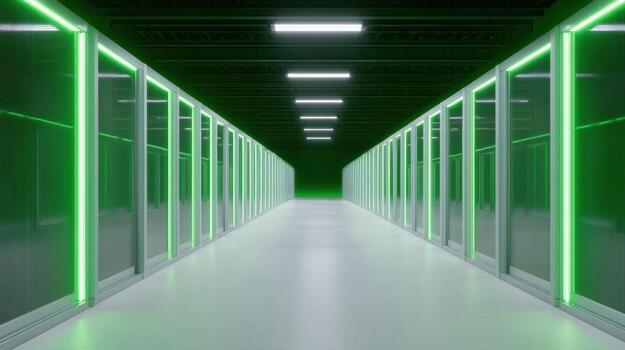 Futuristic data center corridor with green light glowing on server racks. Modern, sustainable technology and network infrastructure creating powerful and impressive atmosphere photo