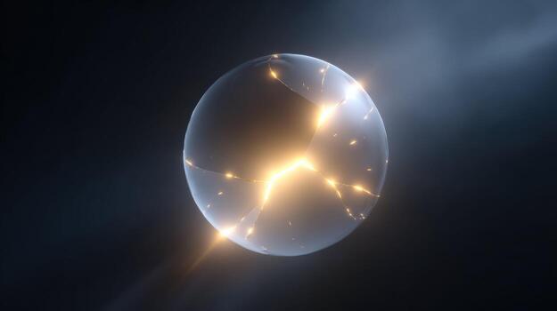 Mysterious abstract sphere with polished, cracking surface glows with powerful golden energy. magical orb floats in dark space, creating luminous and futuristic background photo