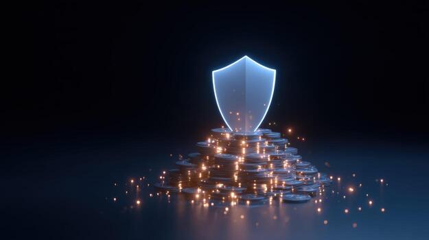 Glowing blue shield made of code provides robust security and protection for pile of digital currency, representing concept of secure finance and technology photo