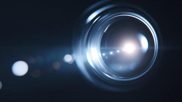 Powerful camera lens with blue light flare creates an abstract optical bokeh background. rotating technology feels futuristic, cinematic, and full of focused energy photo