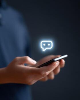 Man using smartphone with glowing AI chatbot icon for communication. Digital technology and an intelligent application assisting with virtual customer service and focused support photo