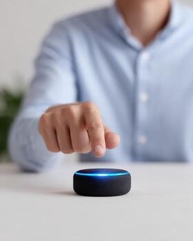 Focused person using hand to activate smart speaker. Man with intent interacting with voice control smart assistant gadget for smart home automation and modern technology photo