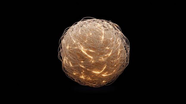Complex sphere of interwoven metallic thread glowing with mysterious energy. An abstract global network concept of technology, data, and connection on black background photo