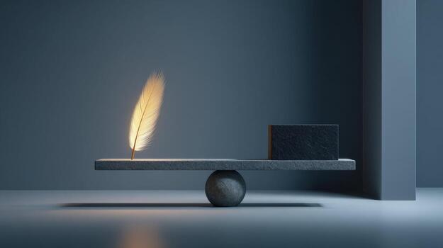 Conceptual abstract balance scale with light feather and heavy weight. minimalist image evokes feeling of calm justice, equilibrium, and profound concept photo