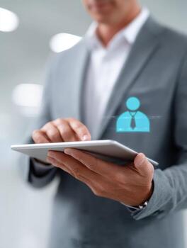 Focused manager and businessman approving workflow on tablet. Professional using business technology and digital icon for project management and modern organization photo